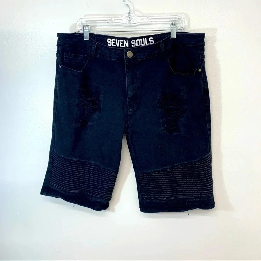 Black Demin Shorts Men‎ 42 Distressed Stacked Moto Biker Stretch Inseam 11” //